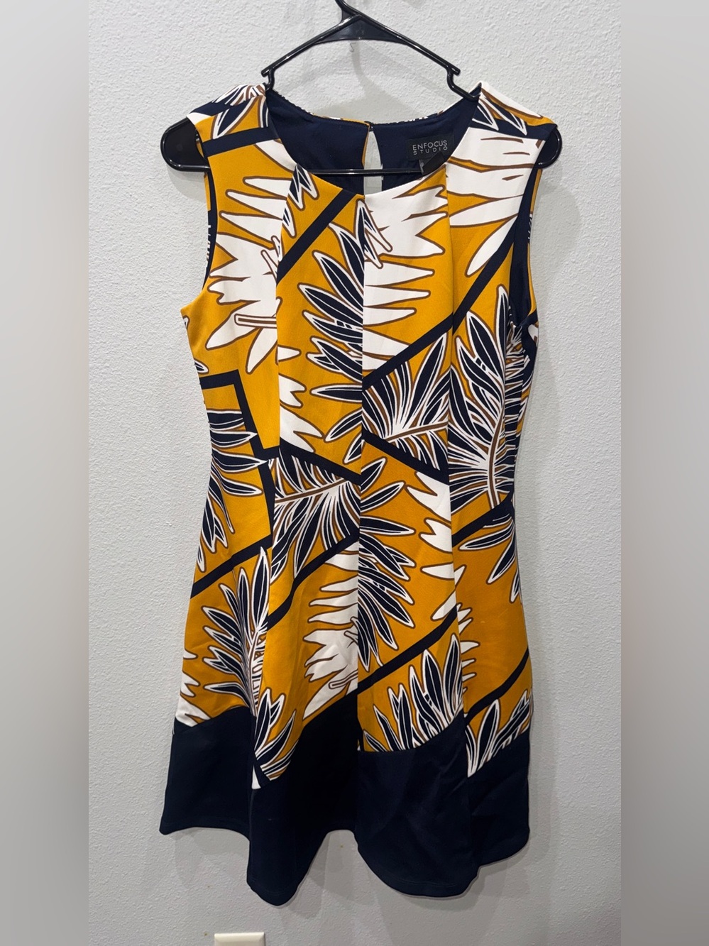 Enfocus Studio Mustard Leaf-Print Sleeveless Fit and Flare Dress with Navy